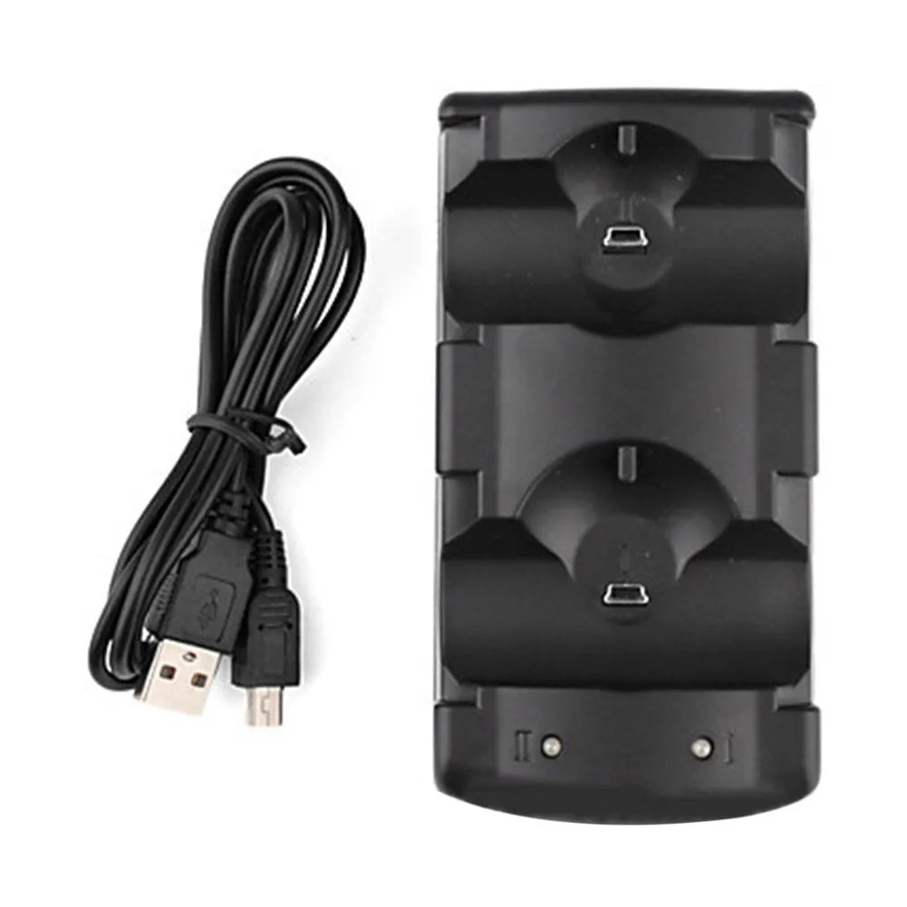 Black PlayStation 3 dual controller charging dock with USB cable