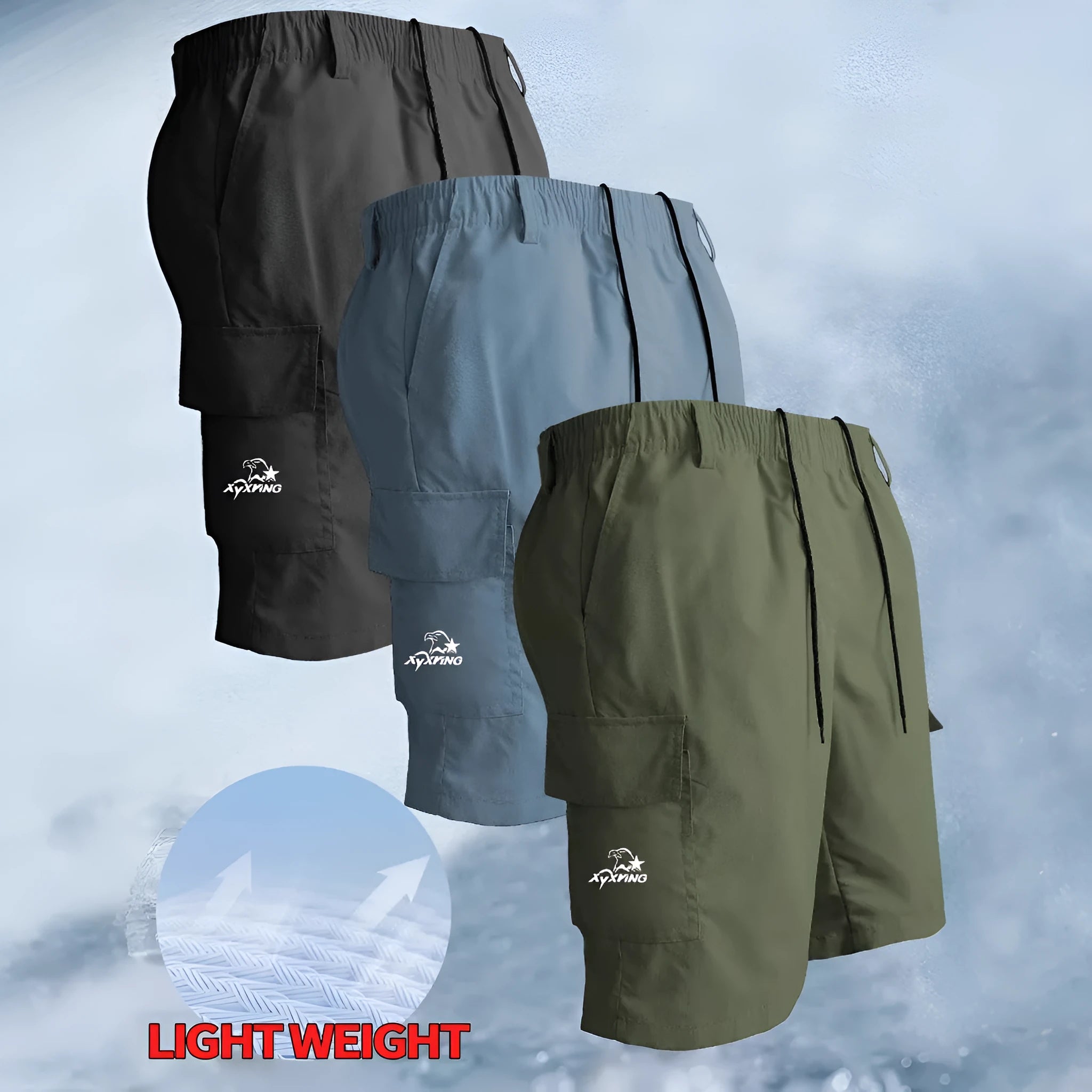 Loose straight casual shorts in American style with micro-elastic polyester fabric in blue colour