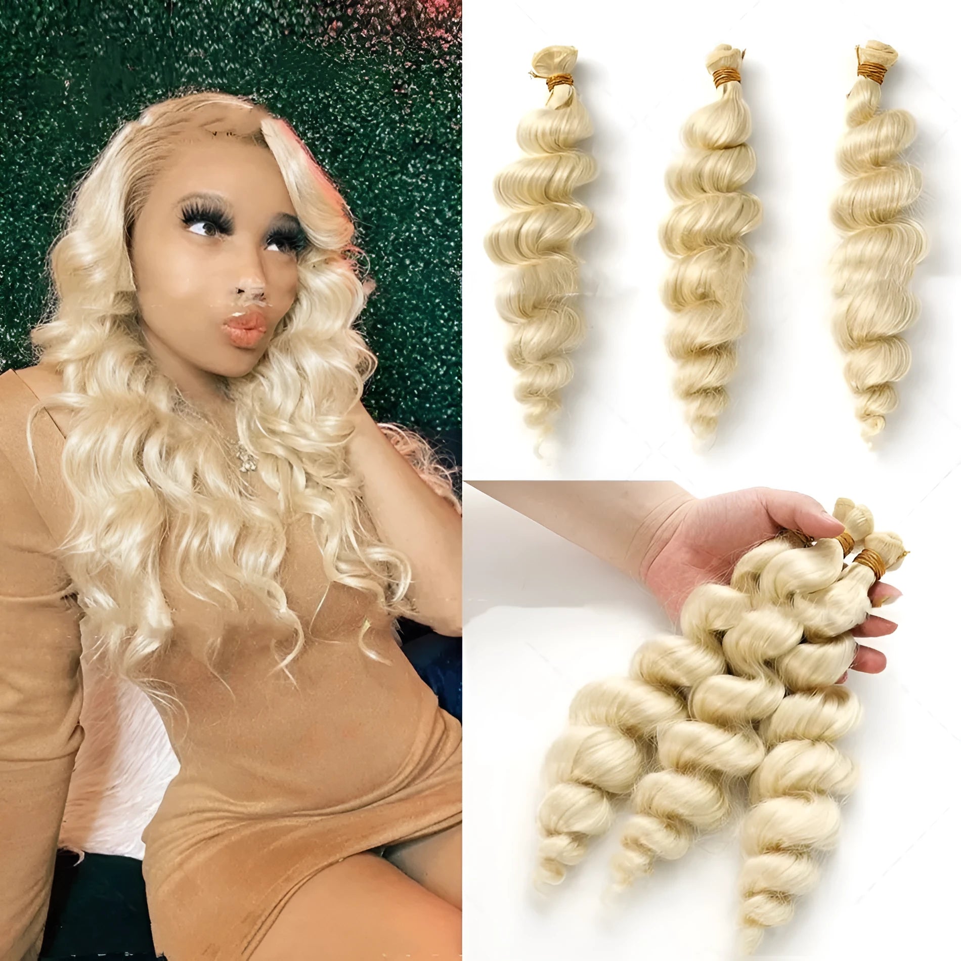 Golden coloured synthetic hair weft wig for women on a stand.