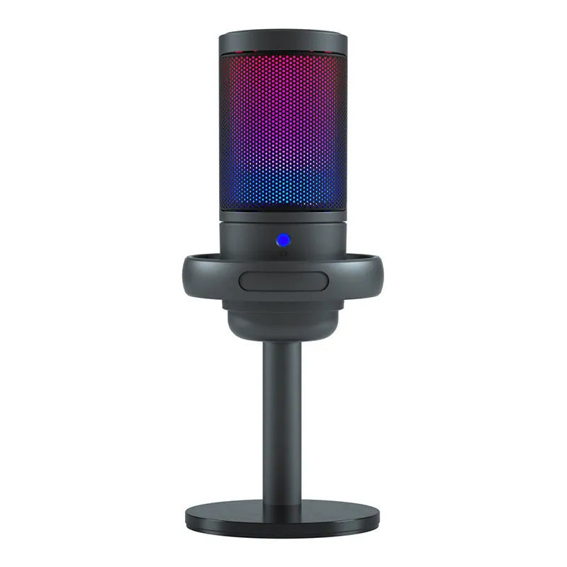 USB condenser microphone with colourful LED lighting effects on a cantilever stand