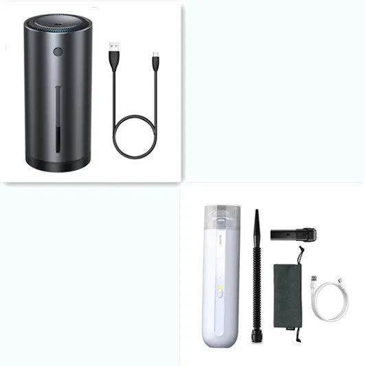 Baseus handheld cordless car vacuum cleaner in black, white, or green with blowing hose attachment.