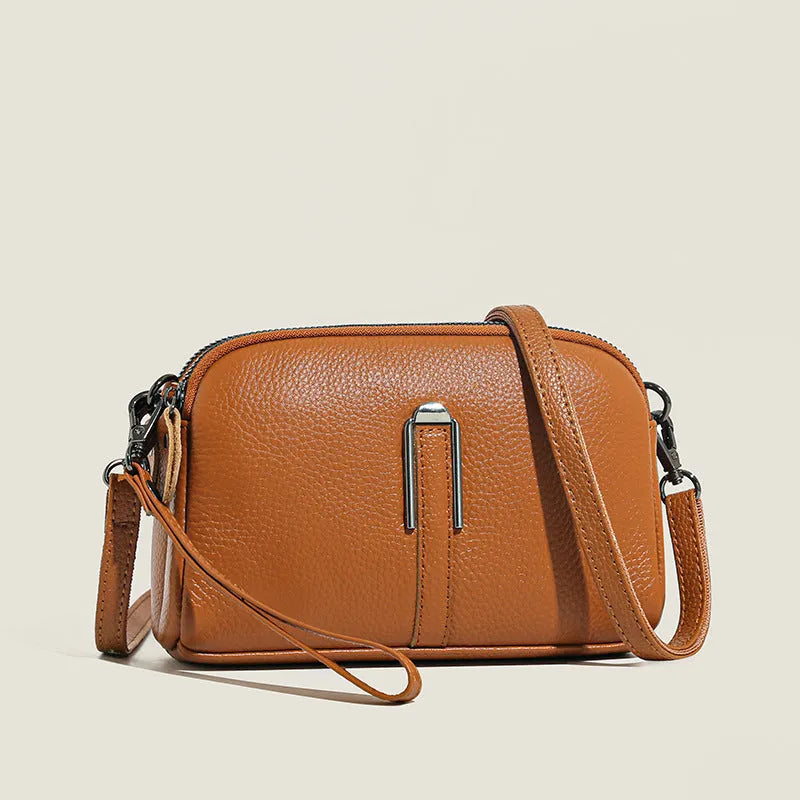 Genuine leather women's square shoulder bag in black, shown with dimensions 19x13x6 cm.