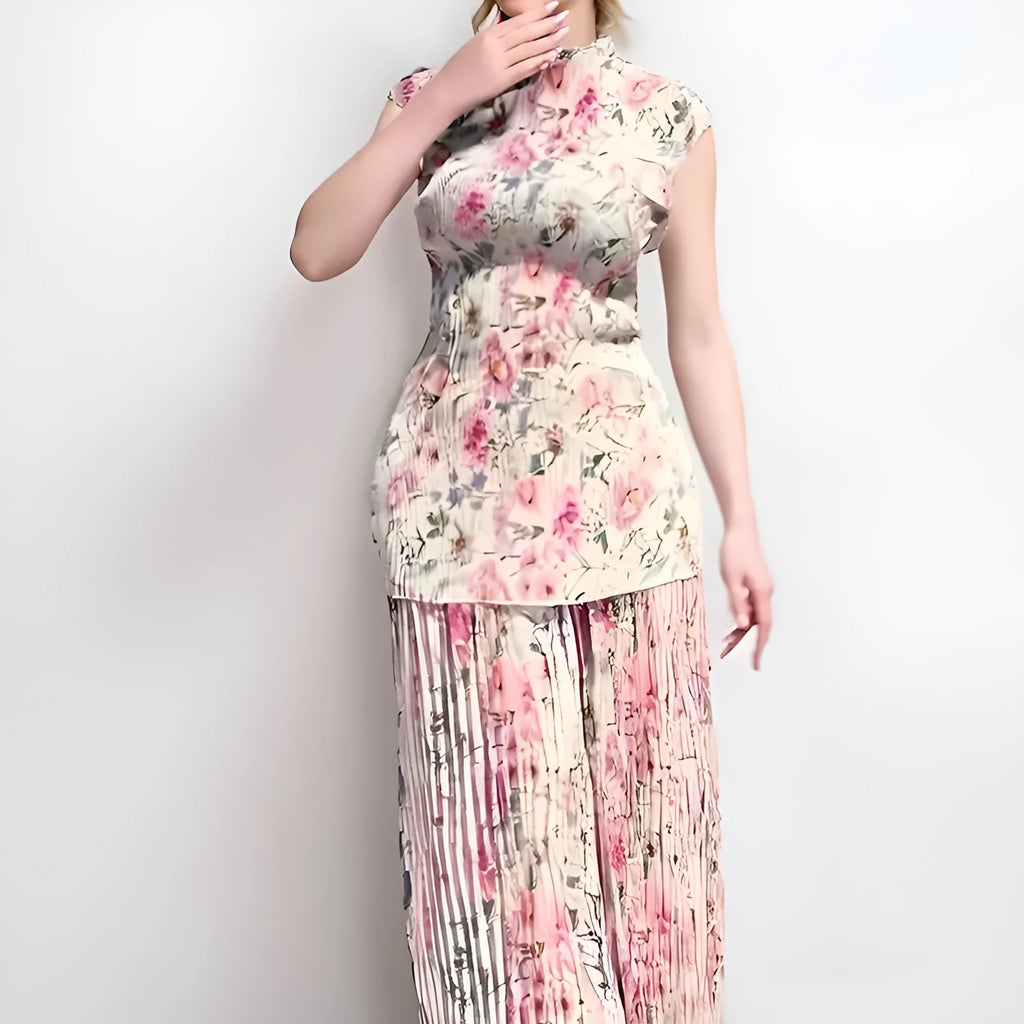 Long sleeve printed chiffon dress with matching top, high-waisted skirt design in picture colour.