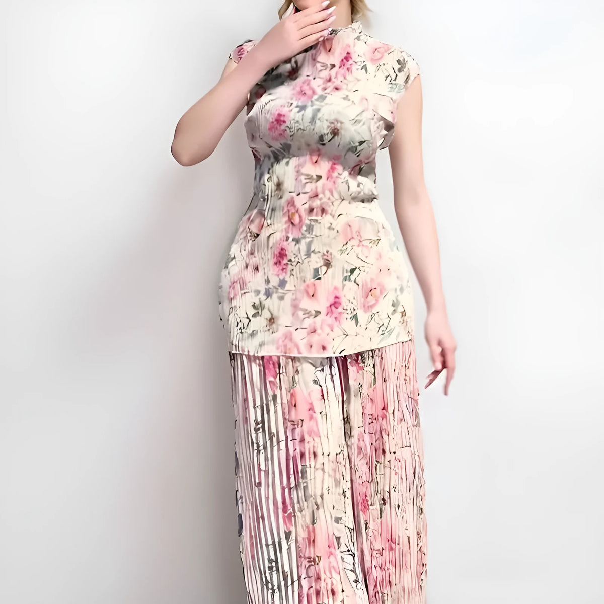 Long sleeve printed chiffon dress with matching top, high-waisted skirt design in picture colour.