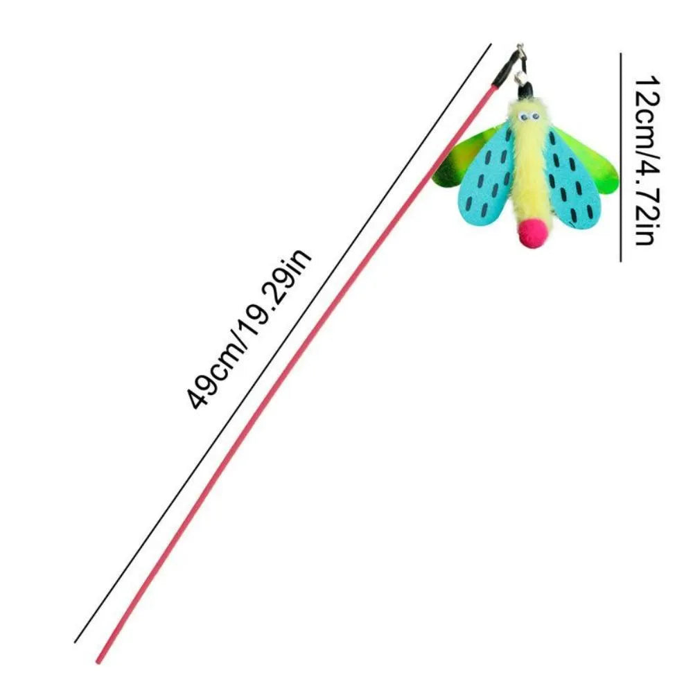 Blue dragonfly cat wand toy with bell on 49cm stick for interactive indoor play