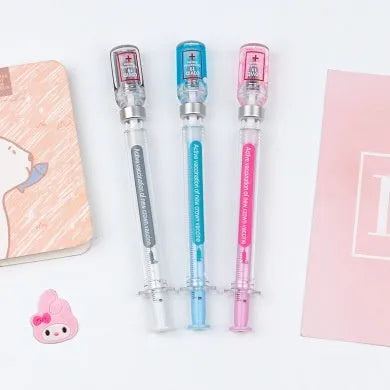 Vaccine design novelty gel pen with black ink 0.5mm tip on white background.