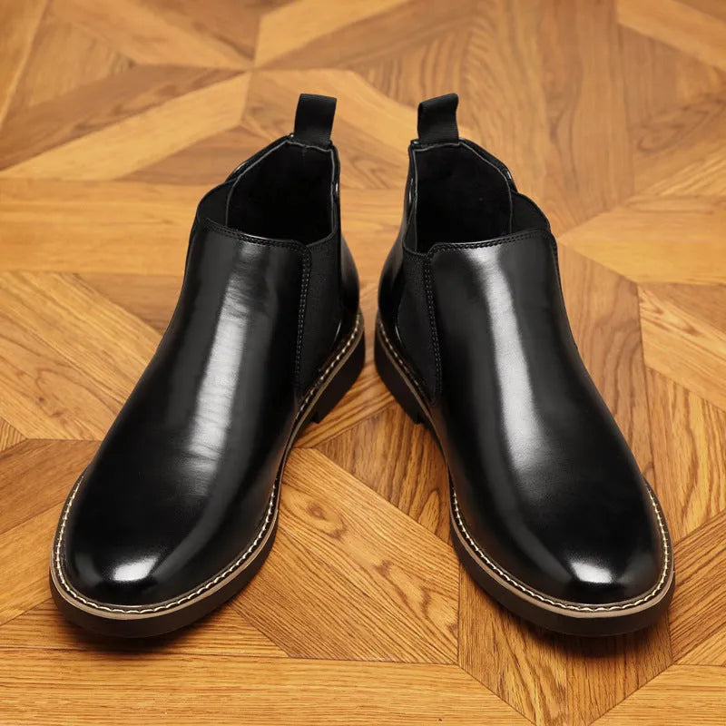 Men's black formal pointed-toe leather boots with square heel on a rubber sole