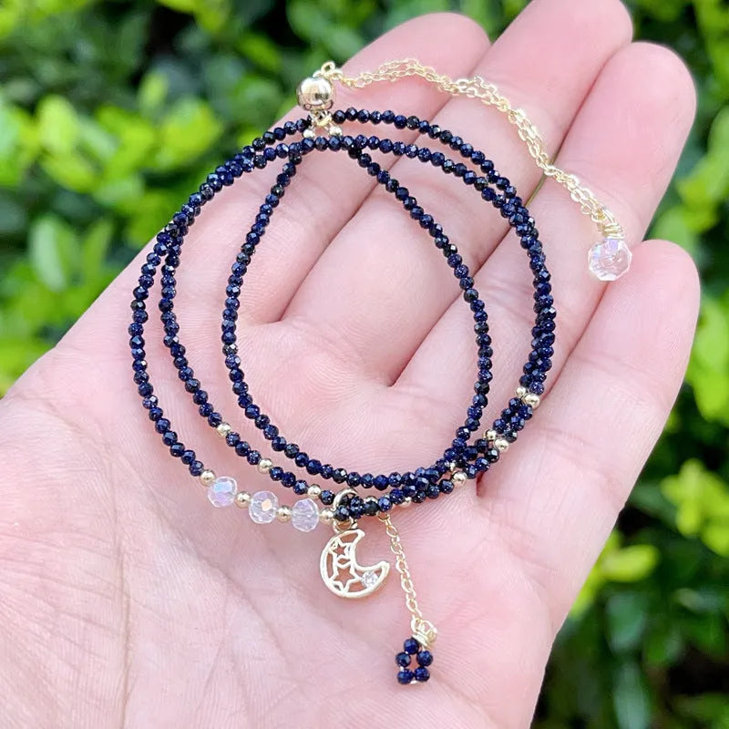 Blue sand stone three-ring bracelet for women with gold accents and multi-layer construction