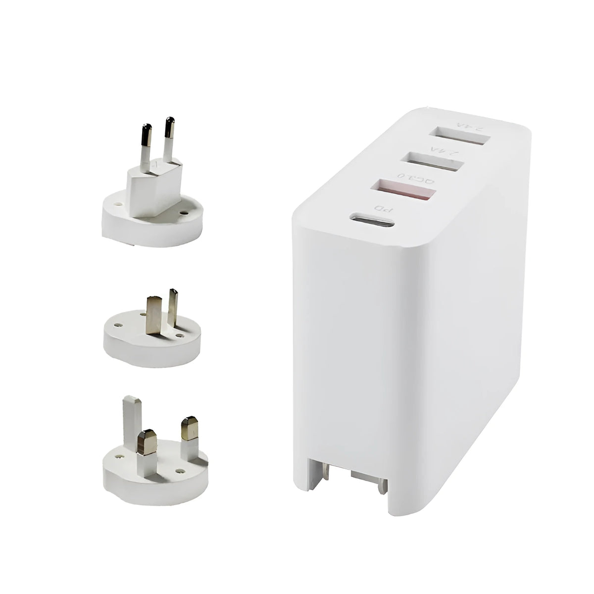 Black or white four-port USB-C charger with global plug options including AU, EU, UK, and US standards
