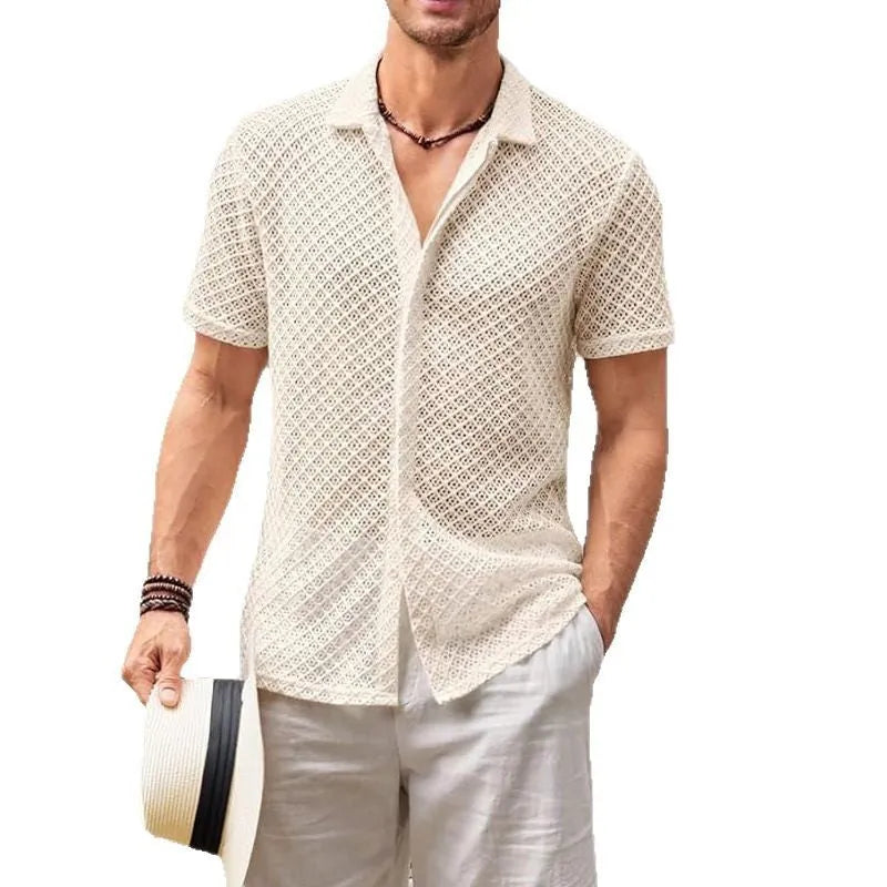 Men's mesh short sleeve shirt with lapel collar in cotton blend fabric