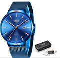 Men's stainless steel wristwatch with 40mm case shown in black, blue, and black/blue colour variations