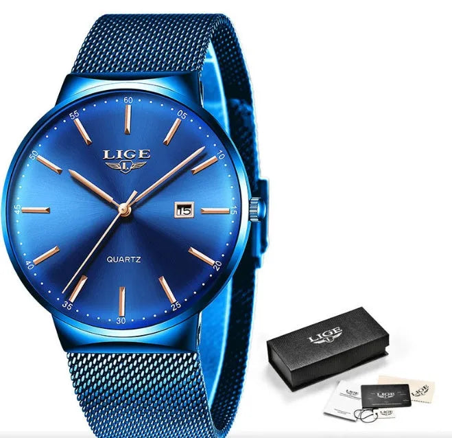 Men's stainless steel wristwatch with 40mm case shown in black, blue, and black/blue colour variations