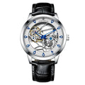 Men's silver mechanical watch with white dial blue luminous hands and brown genuine leather strap