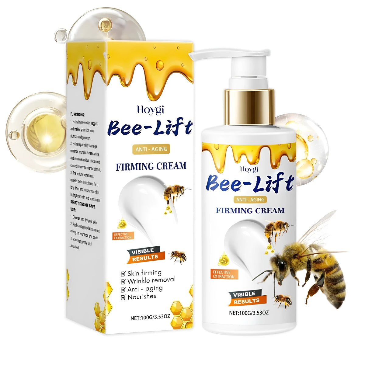 A 100g pot of firming cream containing bee venom and hyaluronic acid for face and neck skin tightening.