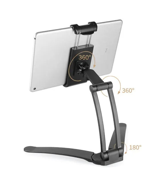 Silver and white aluminium alloy desktop tablet stand holding a tablet at an adjustable angle.