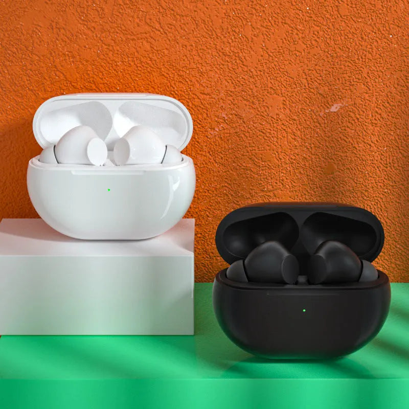 Black and white Pro4 wireless Bluetooth earphones with a charging case and cable.