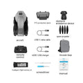 White folding quadcopter drone with camera and propellers, shown next to its remote control and shoulder bag.