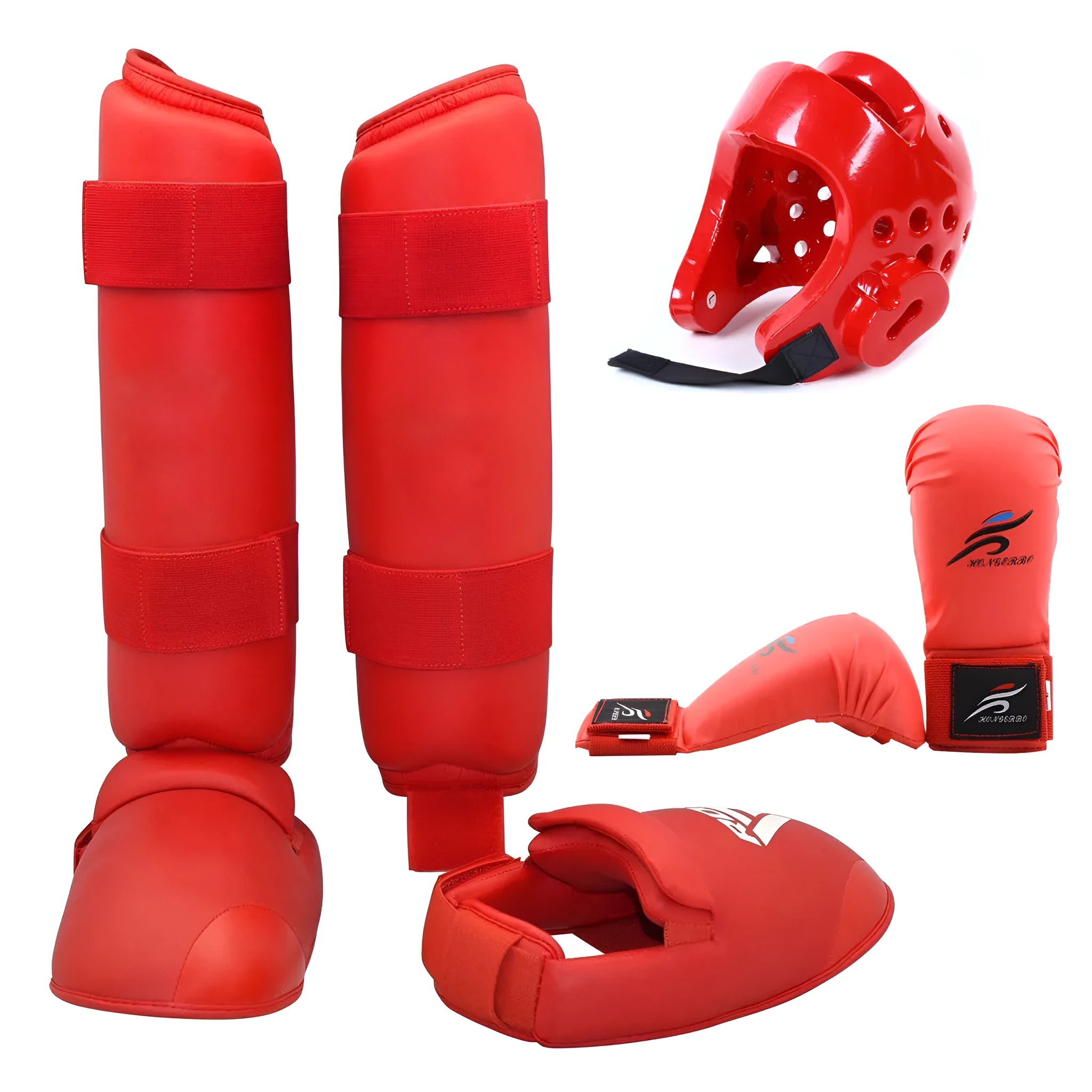 Red and blue karate protective gear set with helmet and leg guards for martial arts training