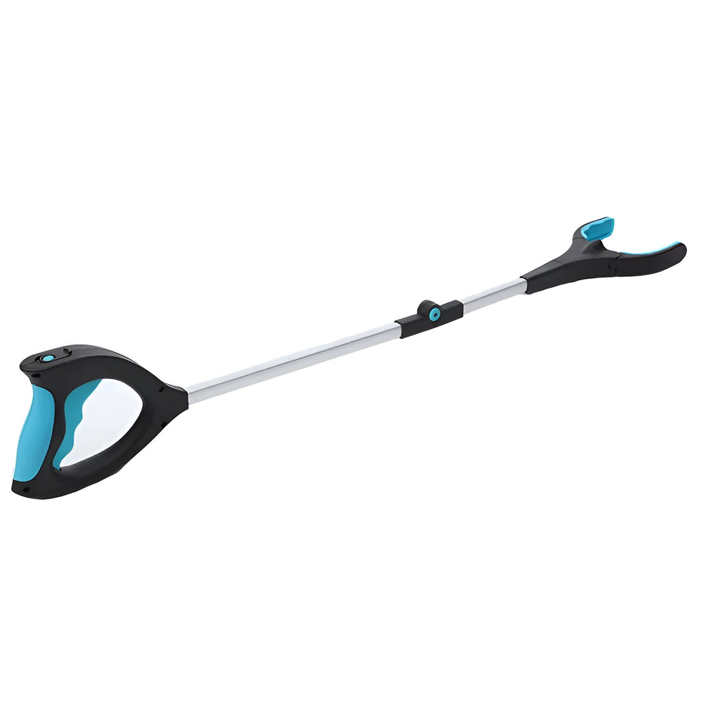 Blue foldable aluminium pickup trolley with stainless steel wheels in extended and collapsed positions