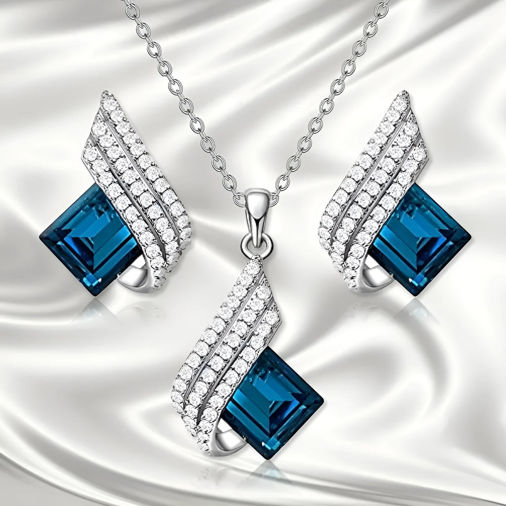 Women's European American style necklace with cross chain design and matching glass pendant earrings