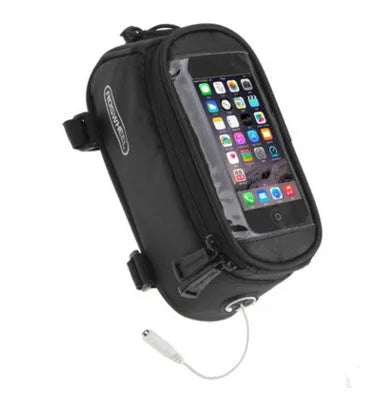 ROSWHEEL waterproof PVC bicycle frame bag for mobile phones, mounted on a bike, shown in black.