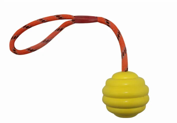 Multi-colour rubber pet ball with rope knot design measuring 6x30cm for dogs and cats