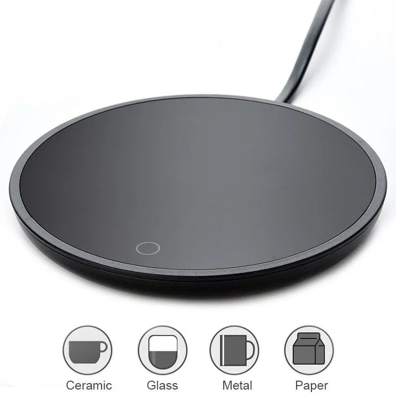 Black coffee mug warmer with dual temperature buttons and 12 cm heating plate