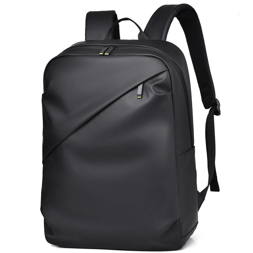 Large waterproof PU leather backpack for men with visible stitching details in black colour