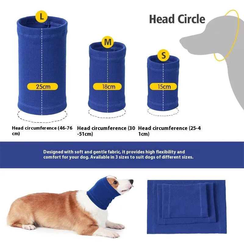 Blue and grey polyester dog headband scarf shown in sizes S, M, and L.