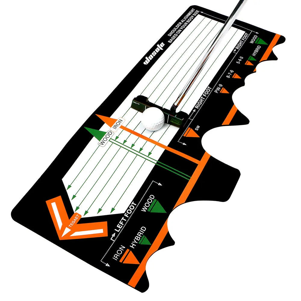 Black rectangular neoprene golf swing stance posture training pad on a green surface.