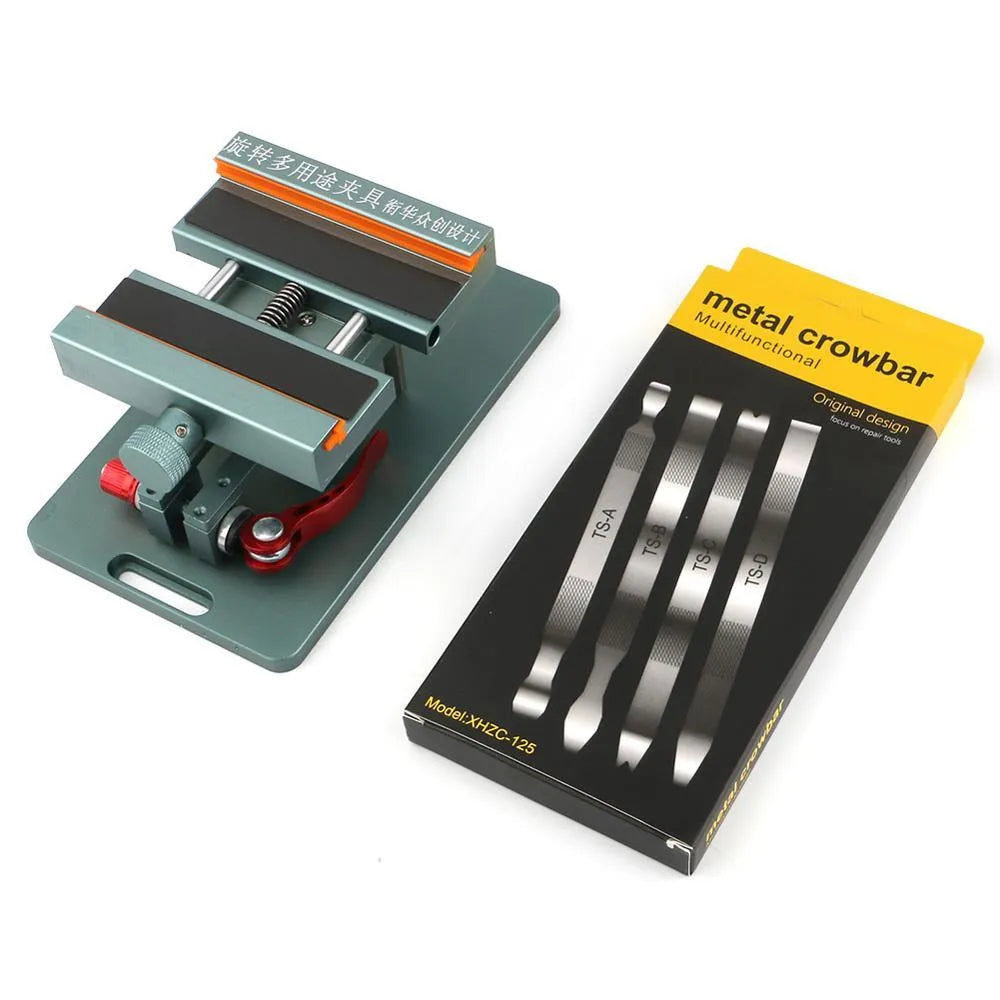 Mobile phone rear cover glass fixing fixture with silicone grip and demolition crowbar tool