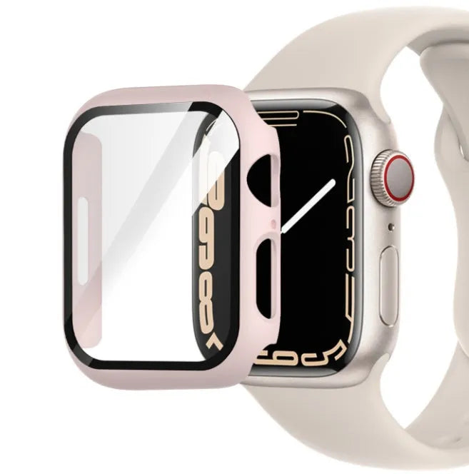 PC tempered film protective case for Apple Watch in multiple colours and sizes on a white background.