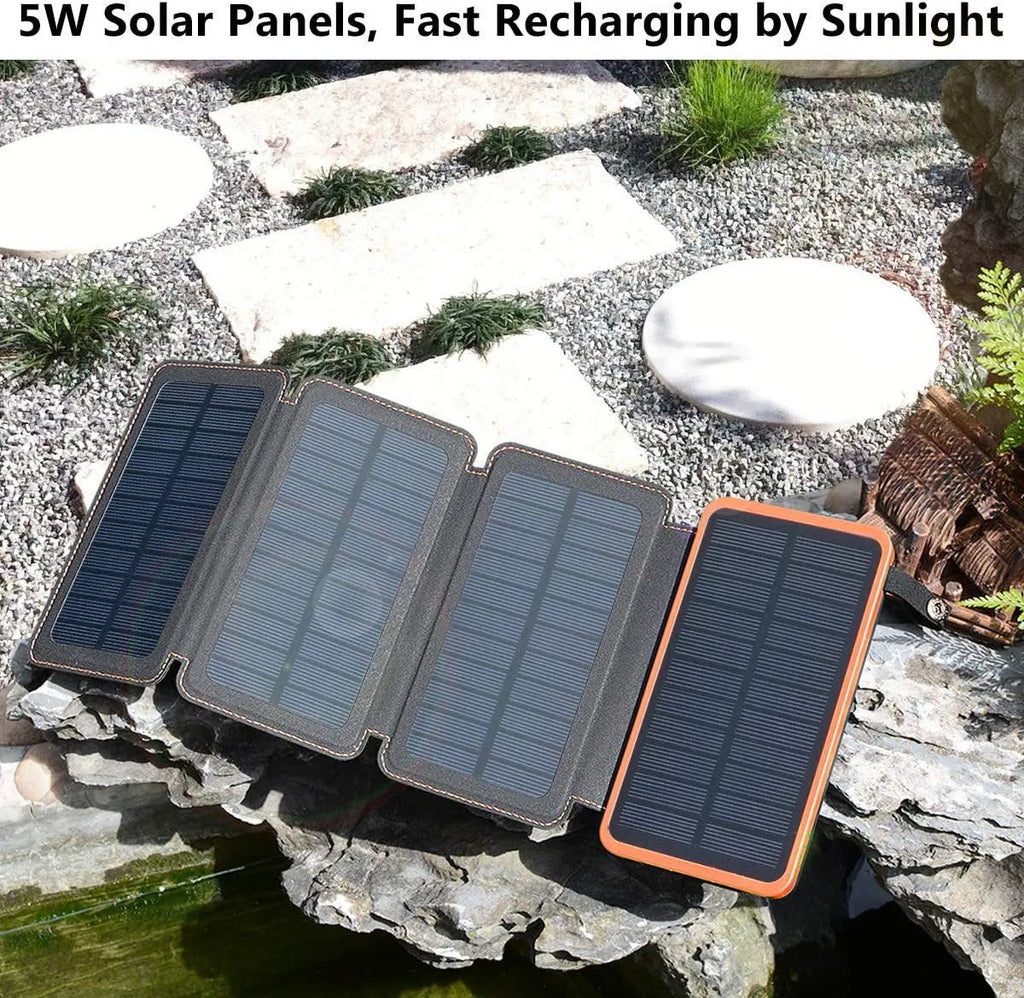 Black solar power bank with solar panel on front, LED light, and soft leather exterior.
