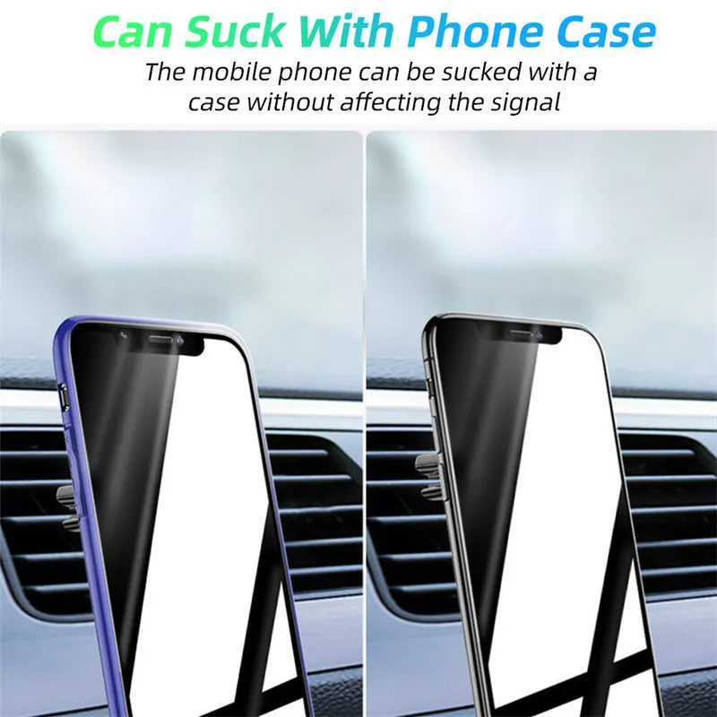 Magnetic car phone holder mounted on vehicle air vent with smartphone attached showing adjustable rotation mechanism