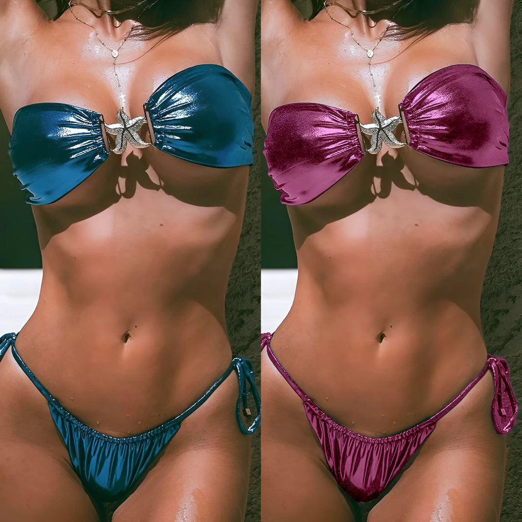 Glossy sapphire blue tube top bikini set with gold starfish print on a mannequin.