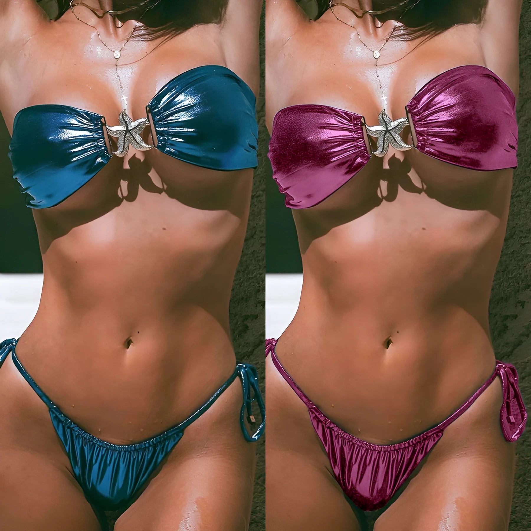 Glossy sapphire blue tube top bikini set with gold starfish print on a mannequin.