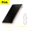 Slim blue magnetic power bank showing dimensions 117.3x69.7x20.3mm with charging cable
