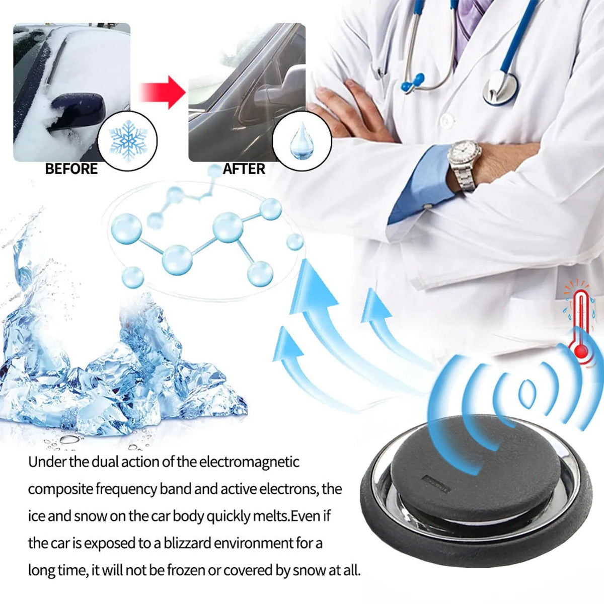 Black handheld portable car deicing instrument for melting windscreen ice and snow