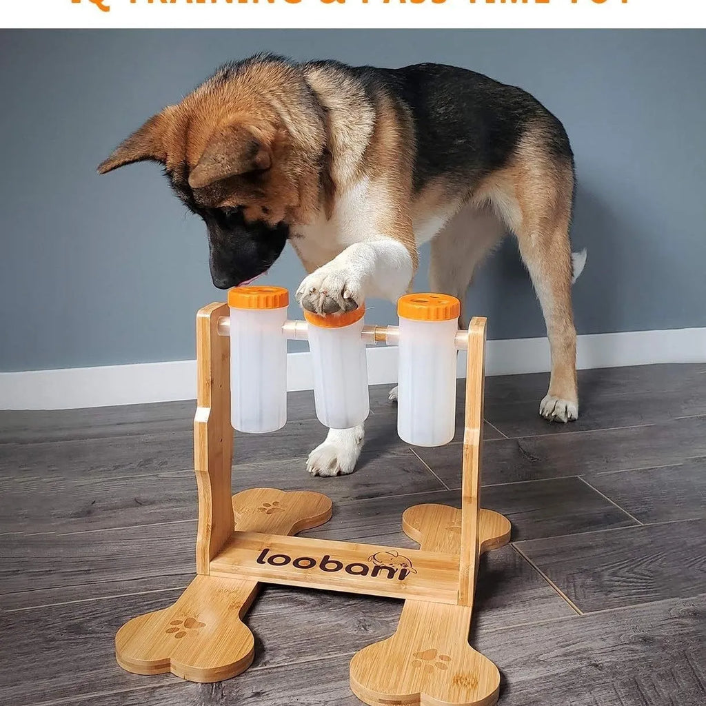 Wood colour dog puzzle toy measuring 31x30x20cm with interactive food dispensing design