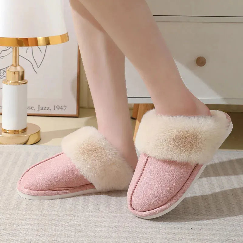 Pair of plush-lined indoor slippers with a flat PVC anti-slip sole, shown in a choice of colours.