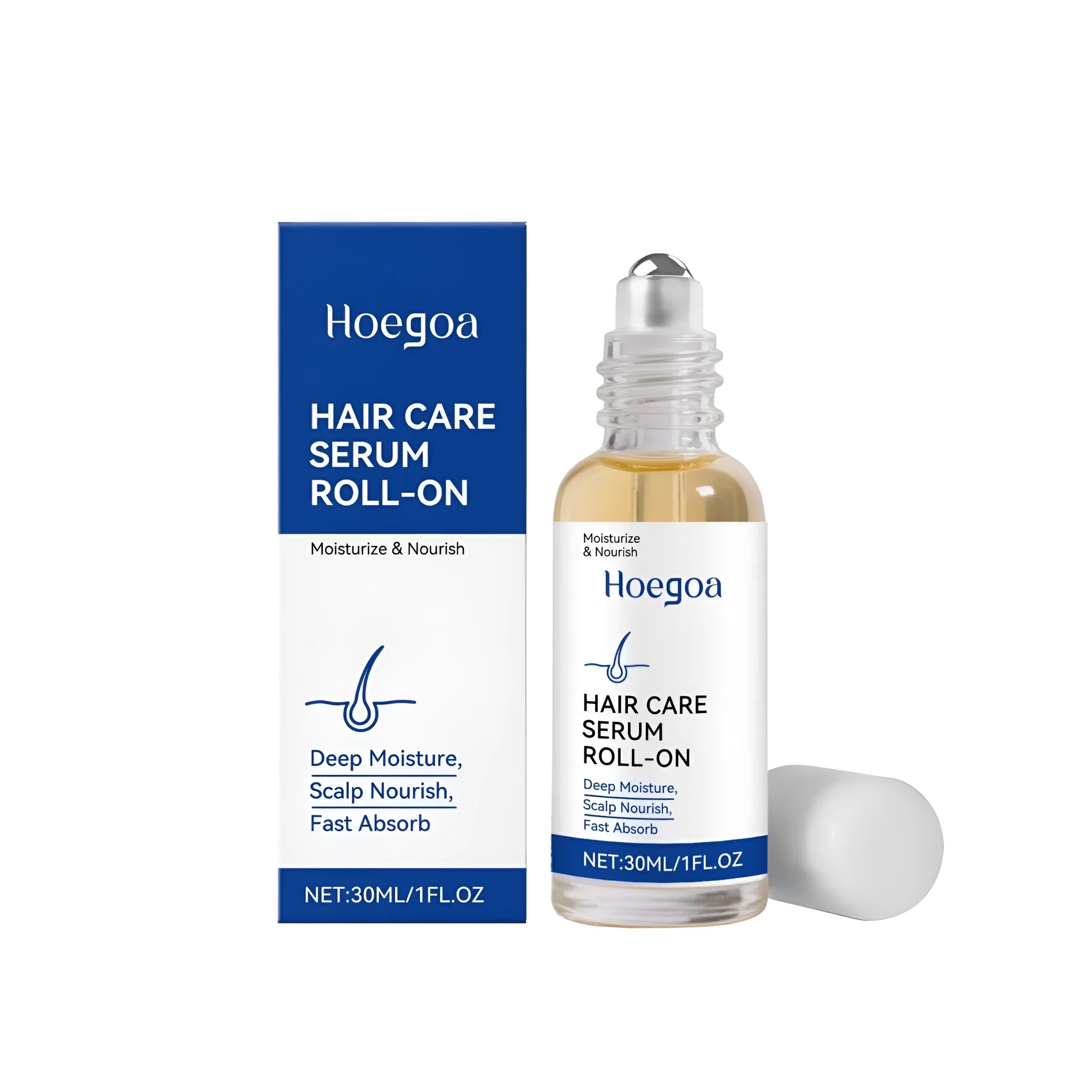 30ml clear hair moisturising ball with label showing ingredients: glycerin, vitamin E, ginger and rosemary oils.