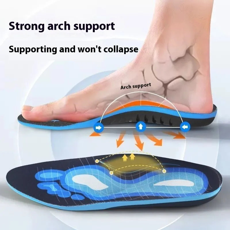 Blue and green flat foot correction instep insoles showing PU construction with unisex design