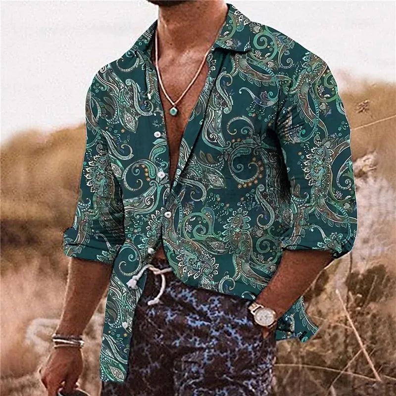 Man wearing a loose-fit bohemian-style shirt with a vibrant 3D floral print and long sleeves.