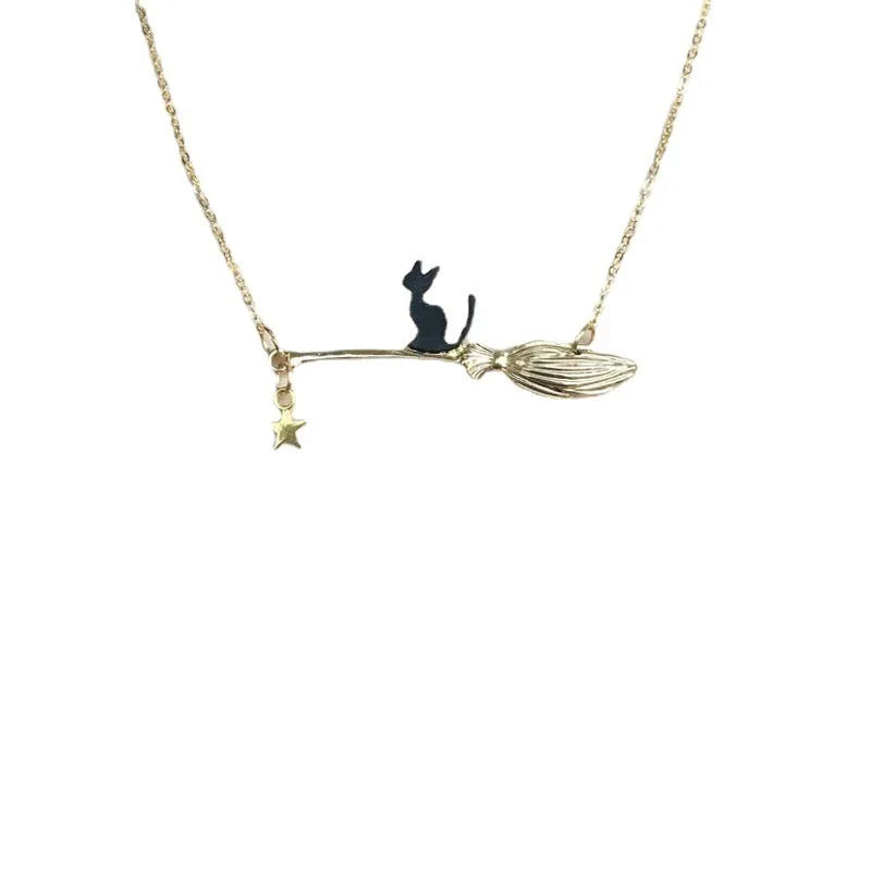 Black cat pendant necklace in silver or gold tone alloy simple animal totem style