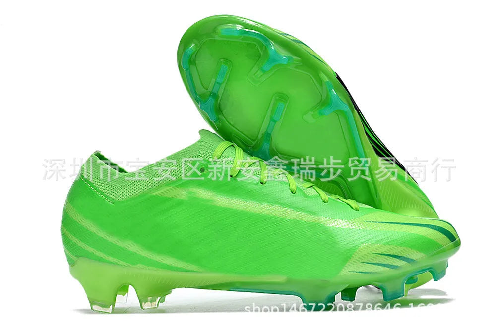 Men's low-top knitted football shoes with white sole and black upper, showing FG studs.