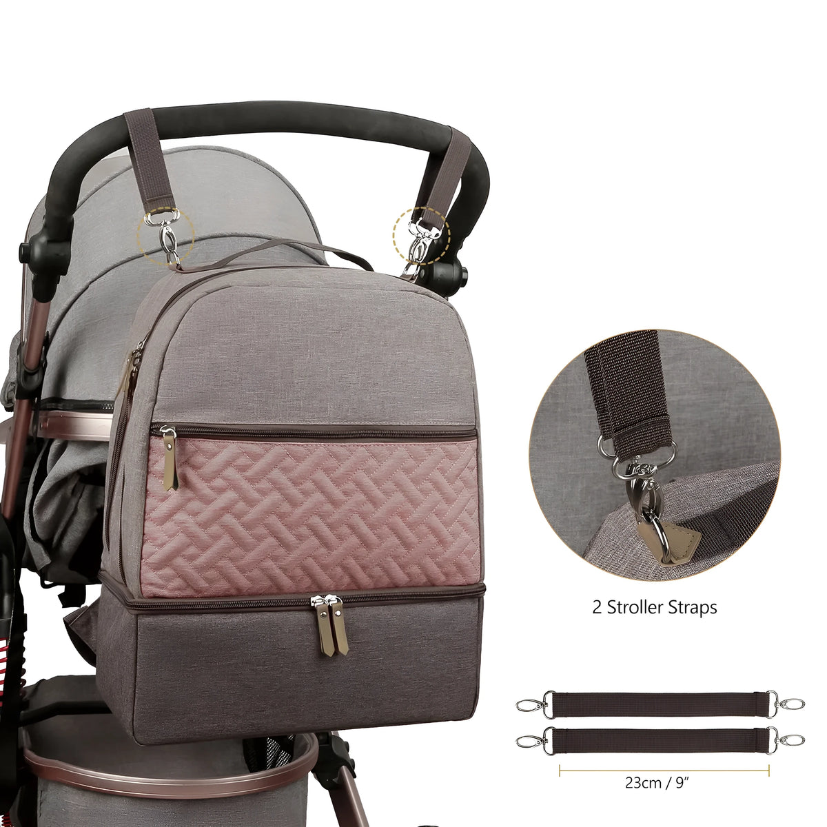Grey insulated Oxford cloth mother and child travel backpack with curved shoulder straps