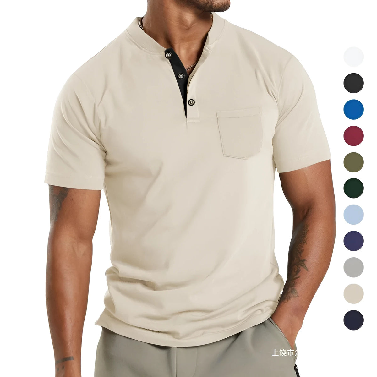 Plus size man wearing a solid colour short sleeve polyester shirt with a button chest pocket.