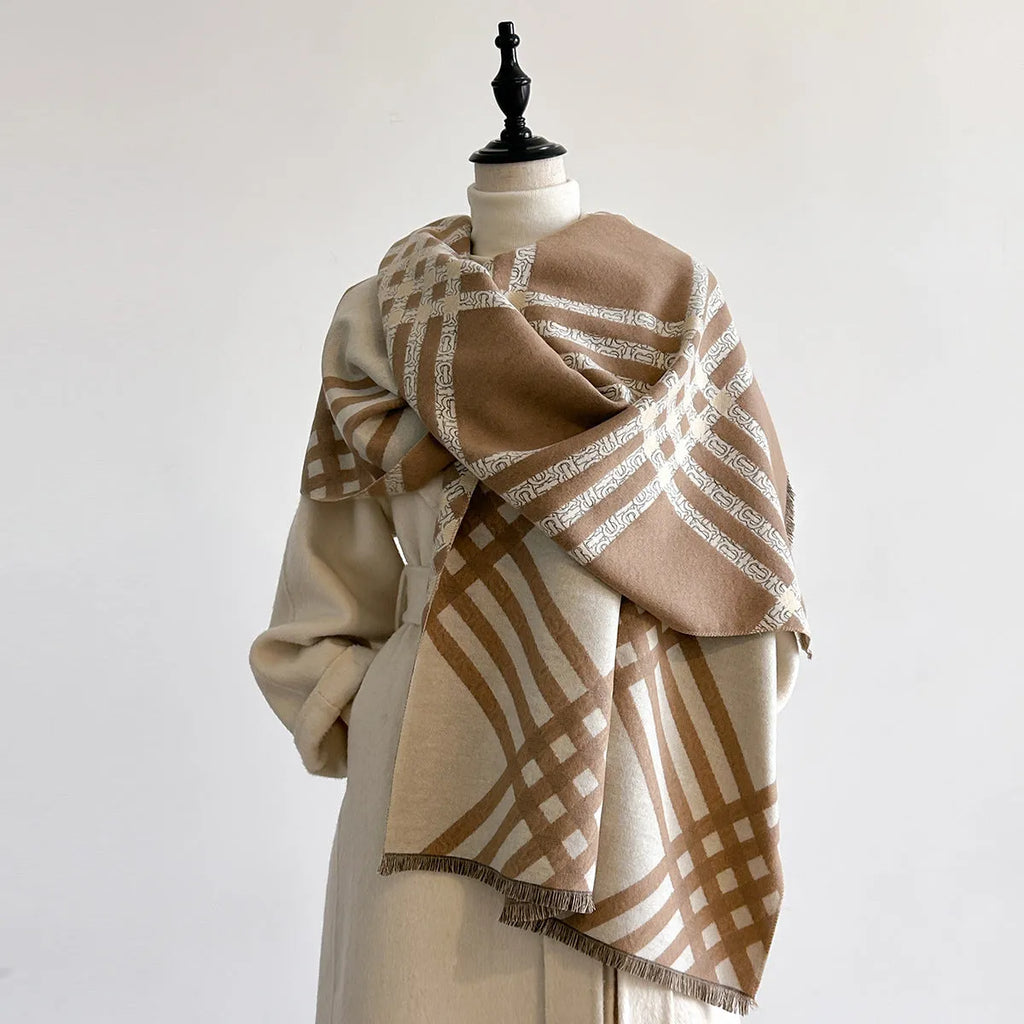 Imitation cashmere scarf with tassels in brown colour showing full 185cm length