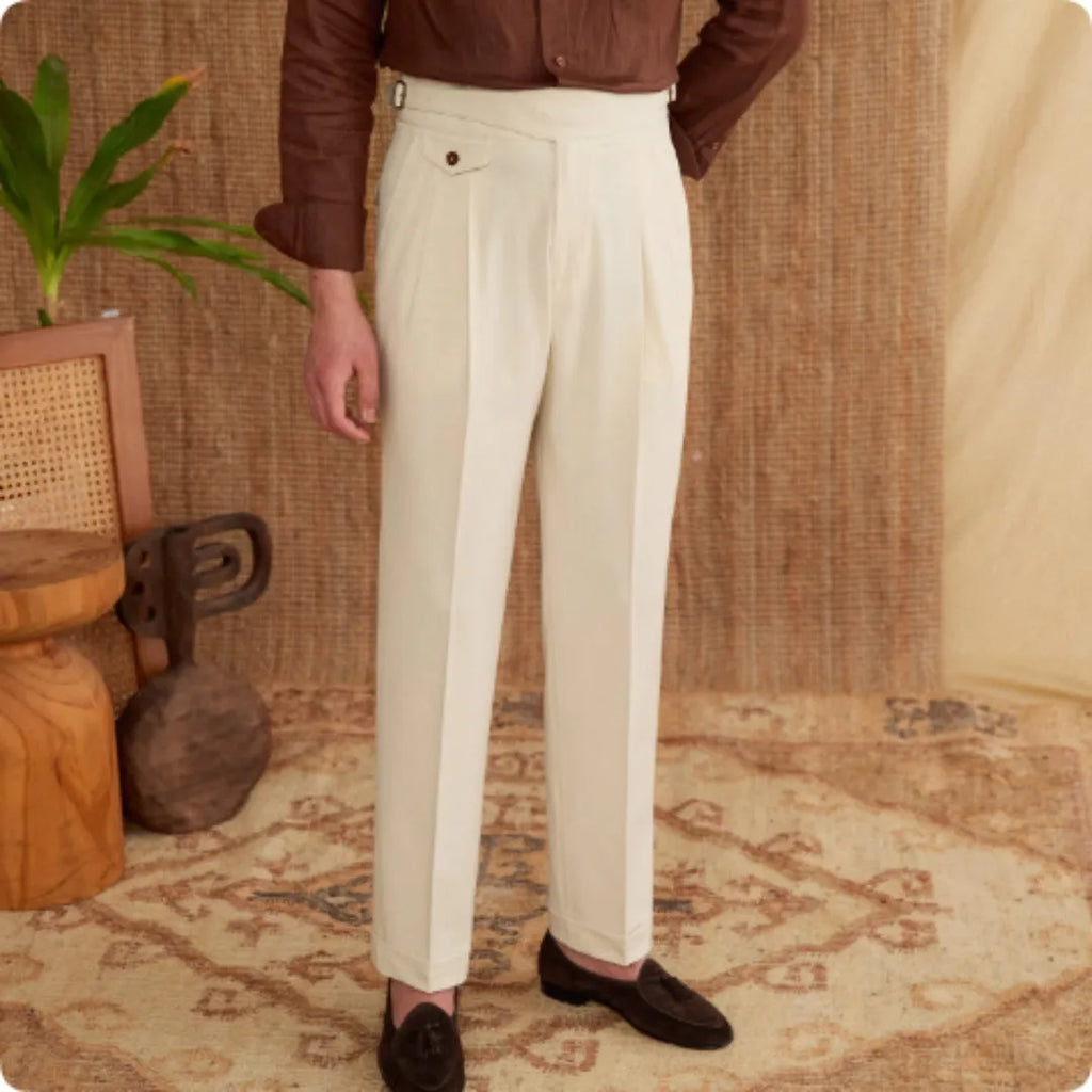 Men's slim fit straight leg trousers in wrinkle resistant polyester for business casual wear