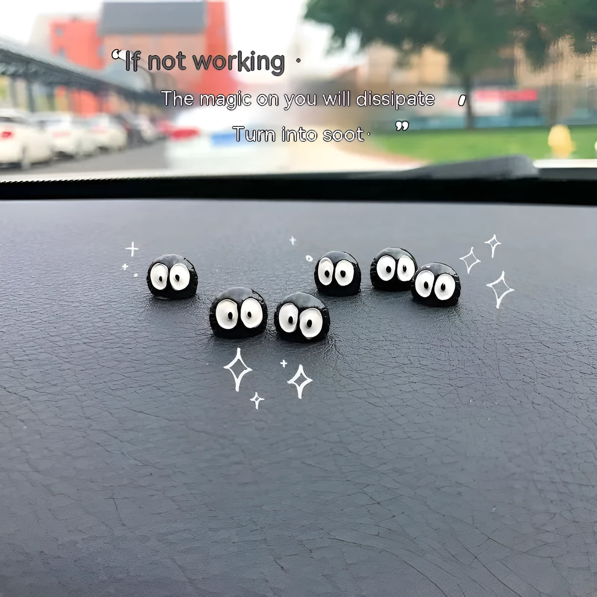 Small black resin briquette car dashboard decoration with cartoon coal ball design